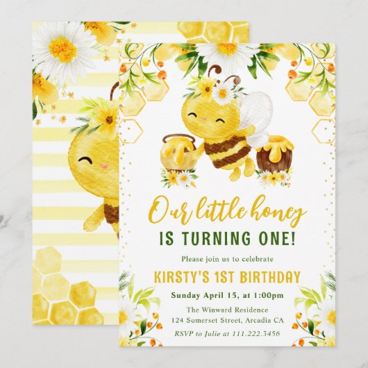 Schattig geel bloemige honing bij 1e verjaardag kaart (Voorkant / Achterkant)