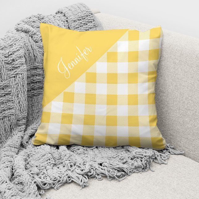 Schattig Geel Buffalo Plaid Check Patroon Naam Kussen (Creator heeft geüpload)