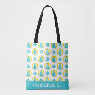 Schattig geel en blauw nautisch patroon gepersonal tote bag