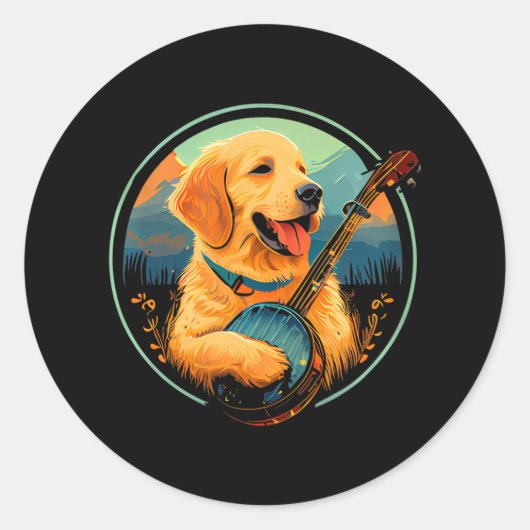 Schattig geel lab puppy hond spelen banjo bluegras ronde sticker (Voorkant)