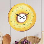 Schattig geel Waterverf donut Grote Klok<br><div class="desc">Deze leuke wandklok is versierd met een waterverf gele donut met sprinkles. Het perfecte cadeau voor een donut liefhebber! Originele Waterverf © Michele Davies.</div>