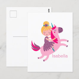 Schattig Geelharig Meisje dat op een Eenhoorn Rijd Briefkaart