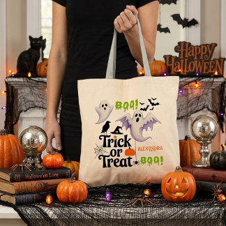 Schattig Geest Trick or Treat Aangepaste Naam Hall Tote Bag