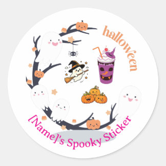 Schattig Geestje en Pompoen Pastel Halloween Klass Ronde Sticker