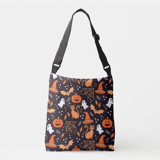 Schattig geïllustreerde halloween tekens op zwart  crossbody tas (Voorkant)