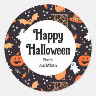Schattig geïllustreerde halloween tekens op zwart ronde sticker
