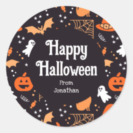 Schattig geïllustreerde halloween tekens op zwart  ronde sticker
