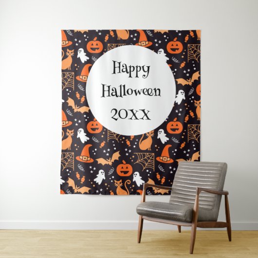 Schattig geïllustreerde halloween tekens op zwart  wandkleed (In situ)