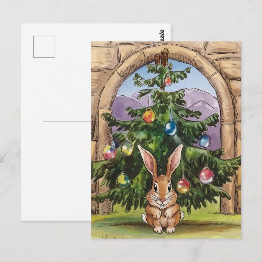 Schattig Gekke kerstkonijn onder de boom Briefkaart (Voorkant / Achterkant)