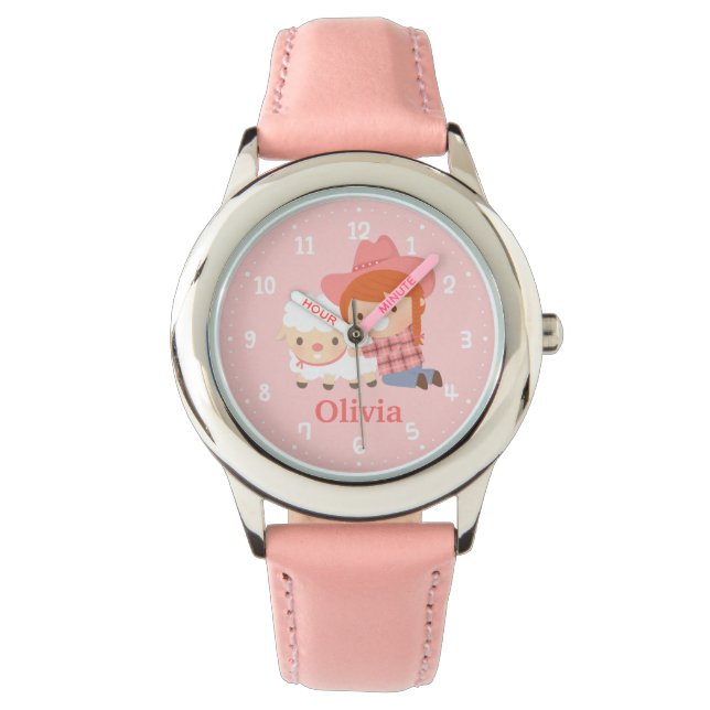 Schattig gelukkig cowgirl met lam voor meisjes horloge (Voorkant)