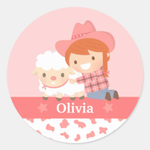 Schattig gelukkig cowgirl met lam voor meisjes ronde sticker