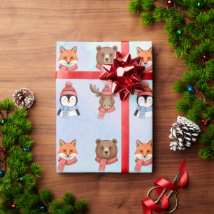 Schattig Gelukkig Dier Blauw Watercolor Kerstmis Cadeaupapier