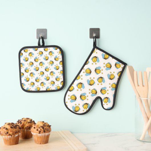 Schattig gelukkig hommel patroon wit ovenwant & pannenlap set (Insitu(Ophanging))