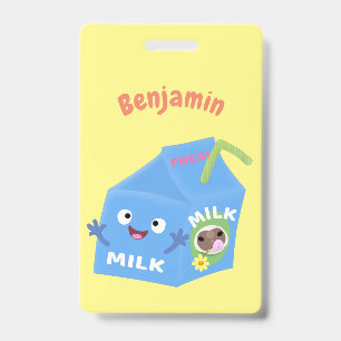 Schattig gelukkig melkpak karakter cartoon badge