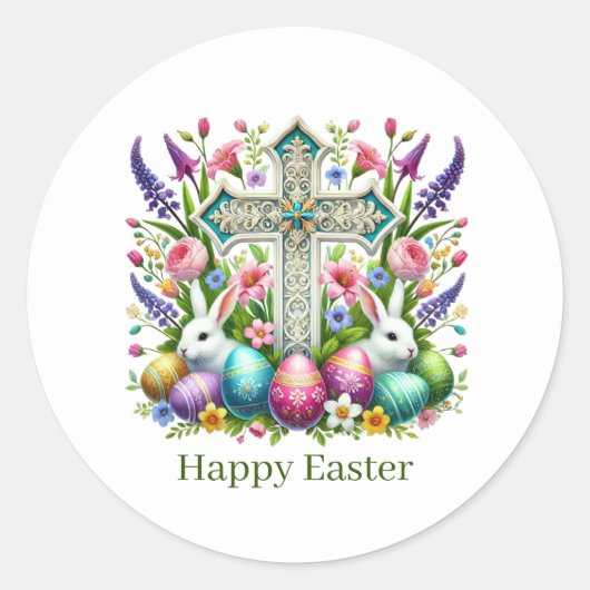 Schattig Gelukkig Pasen Kruis Ronde Sticker (Voorkant)
