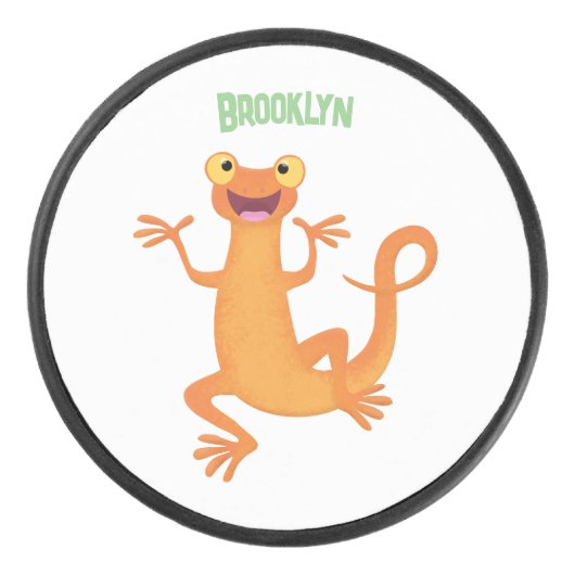 Schattig gelukkig sinaasappel dansen salamander hockey puck (Voorkant)