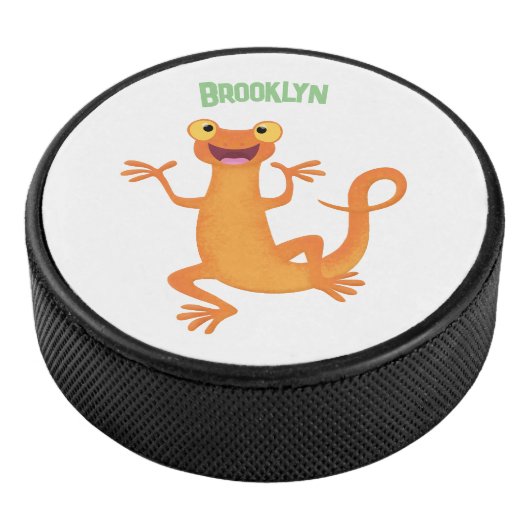 Schattig gelukkig sinaasappel dansen salamander hockey puck (3/4)