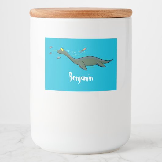 Schattig, gelukkig zeemonster plesiosaurus cartoon voedselcontainer etiket (Voorkant)