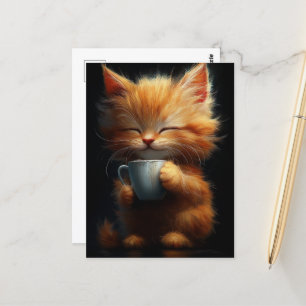 Schattig gember Kat met een kopje koffie Briefkaart