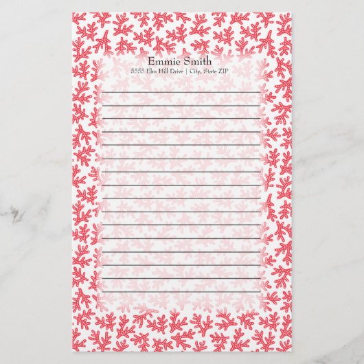 Schattig gepersonaliseerd rood en wit koraal oceaa briefpapier (Voorkant)