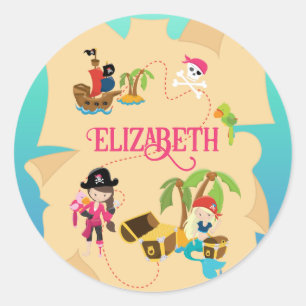 Schattig Gepersonaliseerd Roze Piratenmeisje Ronde Sticker