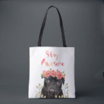 Schattig Geweldige Verblijf Waterverf Kroon Tote Bag<br><div class="desc">Dit schattige ontwerp omvat schattige zwarte pug- en waterverf-bloemen en botanische elementen. Geweldig ontwerp voor het leuke tas</div>