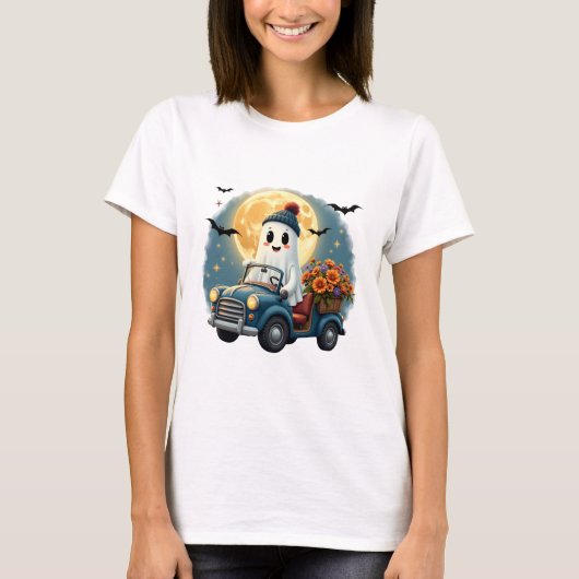 Schattig Ghost Driving Car Halloween-ontwerp met F T-shirt (Voorkant)