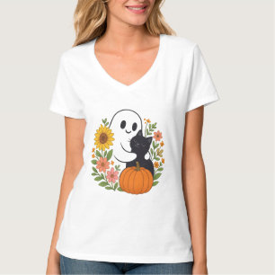 Schattig Ghost en Black Cat Herfst Schattige Hallo T-shirt