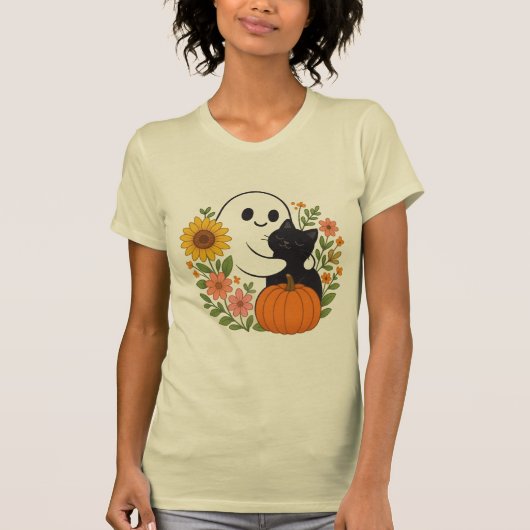 Schattig Ghost en Black Cat Herfst Schattige Hallo T-shirt (Voorkant)