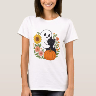 Schattig Ghost en Black Cat Herfst Schattige Hallo T-shirt