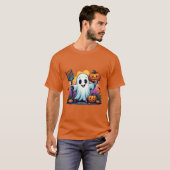 Schattig Ghost met Pitchfork en Pumpkins Hallowe T-shirt (Voorkant volledig)