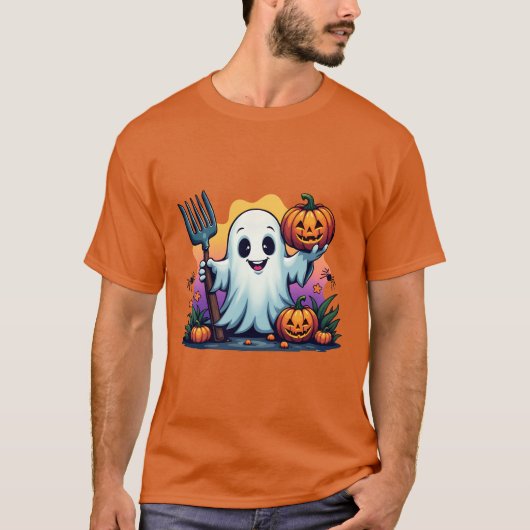 Schattig Ghost met Pitchfork en Pumpkins Hallowe T-shirt (Voorkant)