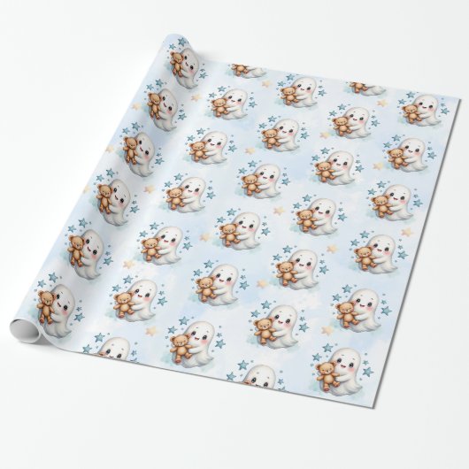 Schattig Ghost & Stars Halloween Theme Baby shower Cadeaupapier (Uitgerold)