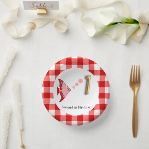 Schattig Gingham, Rode Vis & Ballon 1e Verjaardag Papieren Kommen