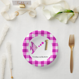Schattig Gingham, Roze Vis & Ballon 1e Verjaardag Papieren Kommen