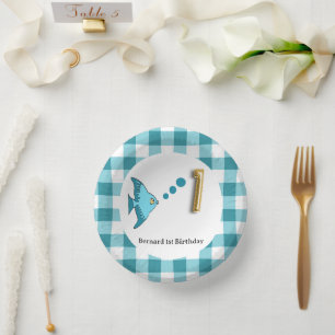 Schattig Gingham Turkooisblauwe Vis & Ballon 1e Ve Papieren Kommen