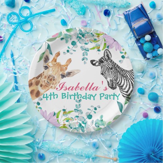 schattig Giraffe dierentuin dieren oerwoud Bloemen Papieren Bordje (Feest)