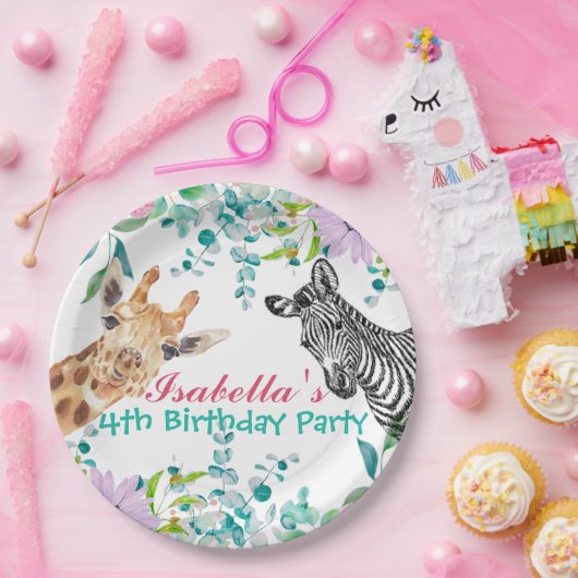 schattig Giraffe dierentuin dieren oerwoud Bloemen Papieren Bordje (Feest)