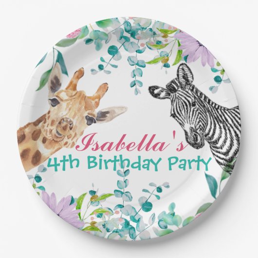 schattig Giraffe dierentuin dieren oerwoud Bloemen Papieren Bordje (Voorkant)