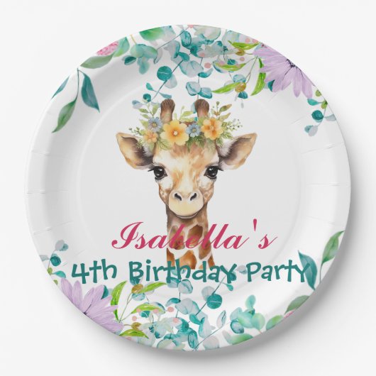 schattig Giraffe dierentuin dieren oerwoud Bloemen Papieren Bordje (Voorkant)