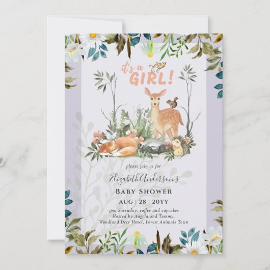 Schattig GIRLS Woodland Deer Baby shower Lila Kaart (Voorkant)