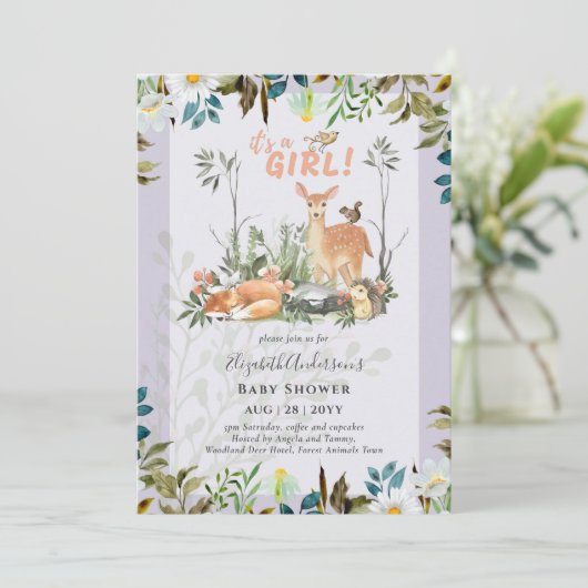 Schattig GIRLS Woodland Deer Baby shower Lila Kaart (Staand voorkant)