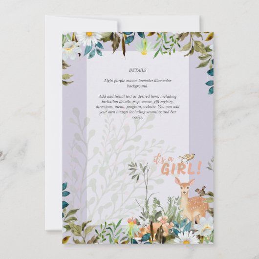 Schattig GIRLS Woodland Deer Baby shower Lila Kaart (Achterkant)