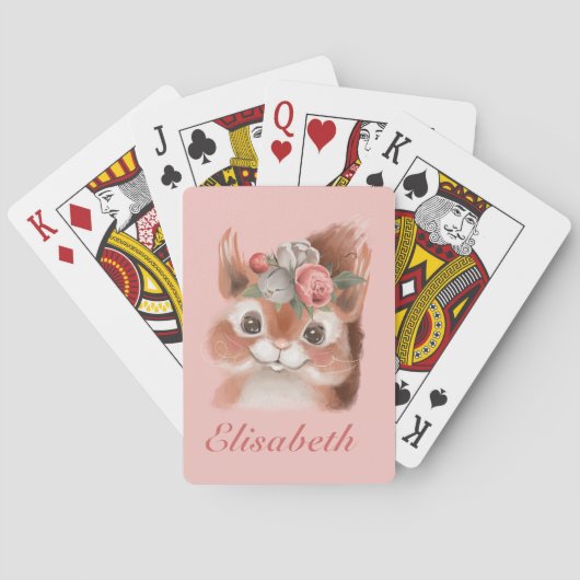 Schattig Girly Pink Floral Squirrel Pokerkaarten (Achterkant)