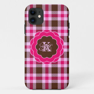 Schattig Girly Pink Plaid Monogram Scalloped Lijst Case-Mate iPhone Case