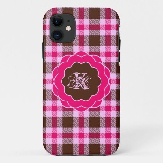 Schattig Girly Pink Plaid Monogram Scalloped Lijst Case-Mate iPhone Case (Achterkant)
