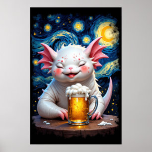Schattig glimlachend monster met een mok bier en s poster