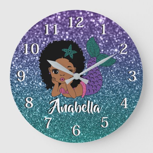 Schattig glitter Afro-Amerikaanse zeemeermin Grote Klok (Voorkant)