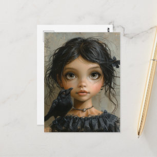 Schattig Goth Meisje met een Zwarte Vogel Briefkaart