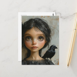 Schattig goth-meisje met een zwarte vogel op haar briefkaart